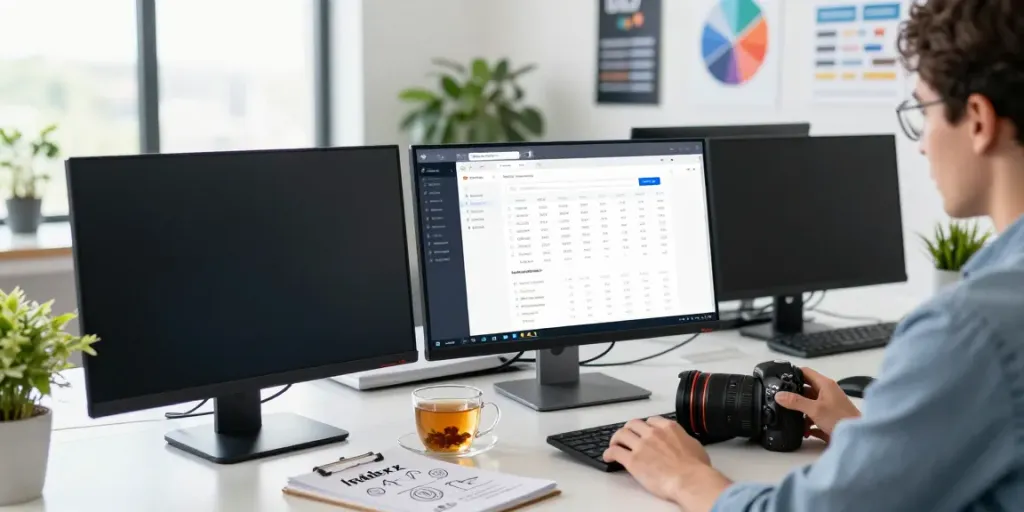 Content strategist analyzing instant indexing data in a modern office
