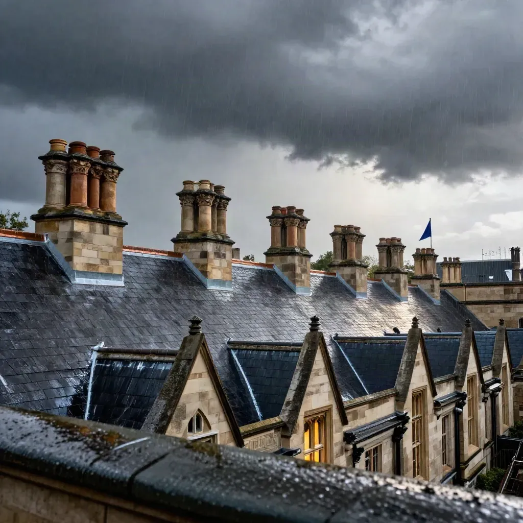 Westminster rooftops under storm clouds, flags whipping above wet stone chimneys
