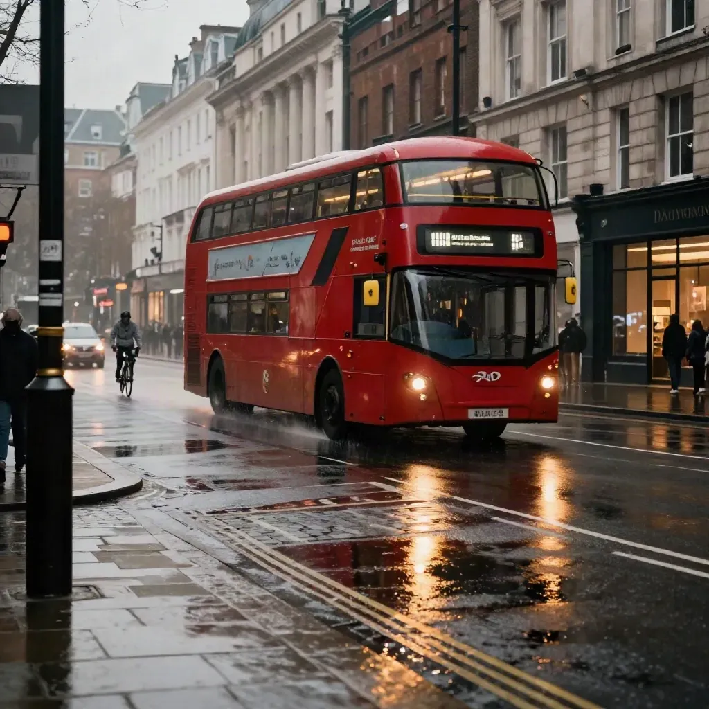 Red double-decker bus turning through a wet London junction with golden reflections