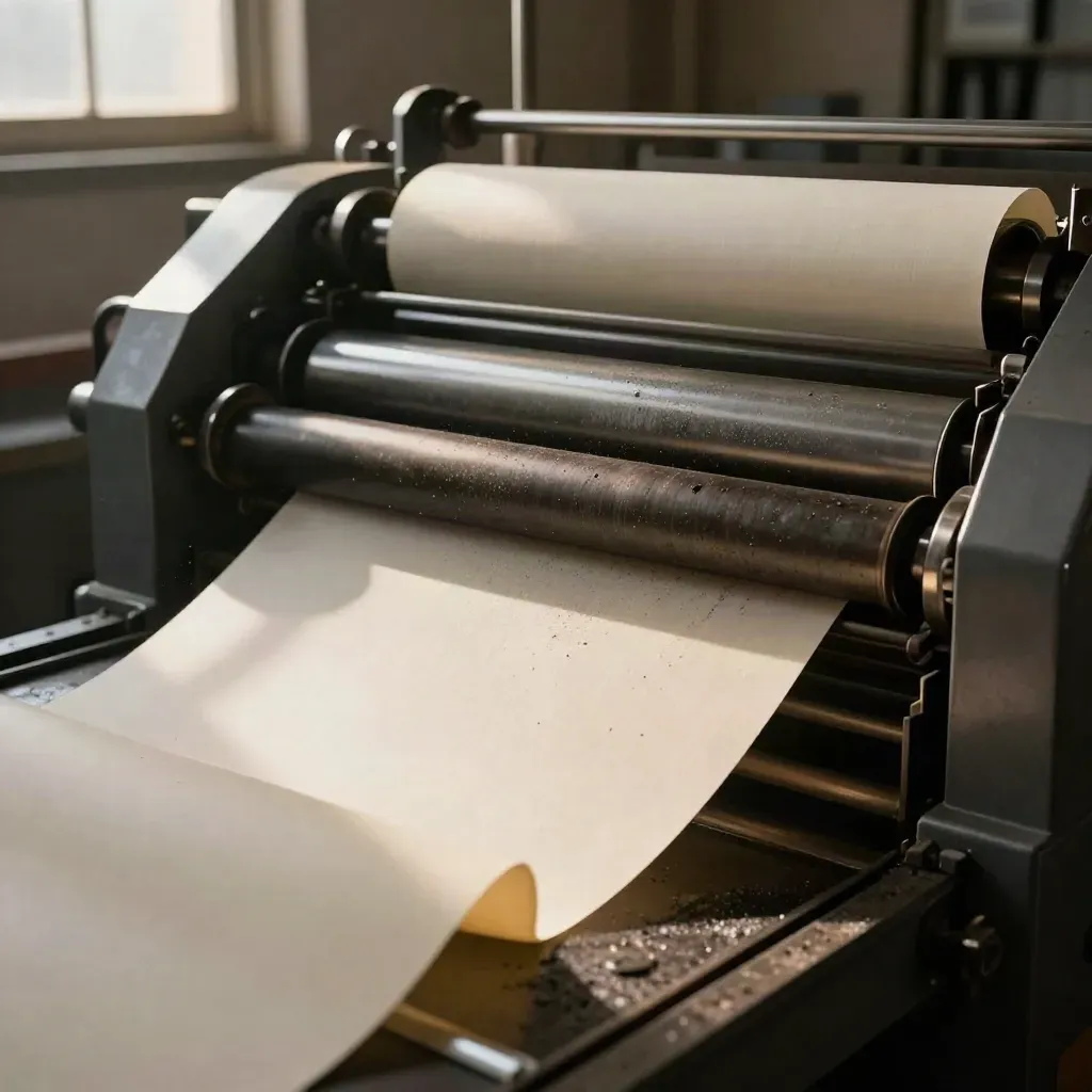 Floor-level view of a rotary press feeding fresh sheets through rollers in warm light.
