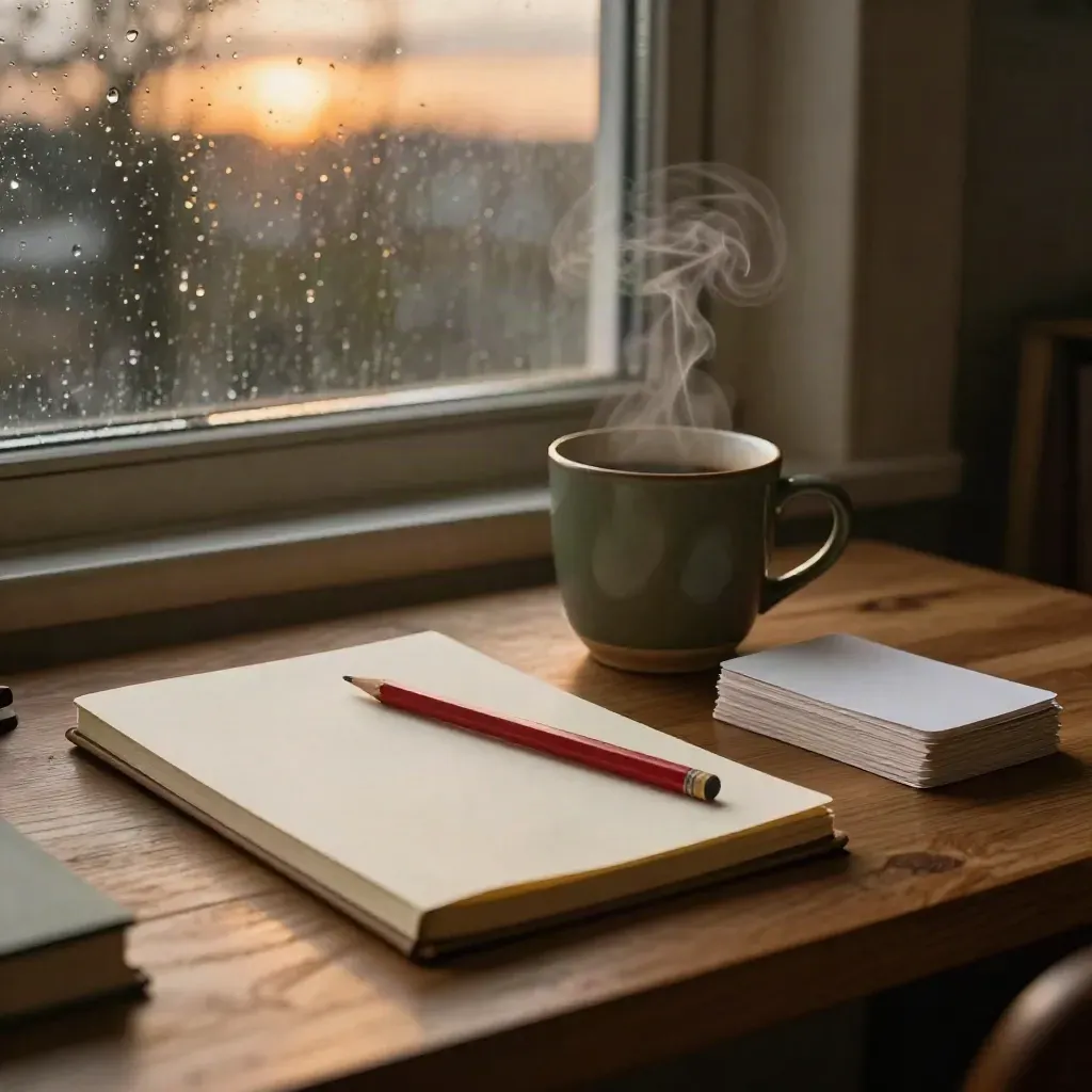 Rain-streaked window, notebook, red pencil, steam, cup and index cards on an oak desk at dusk.