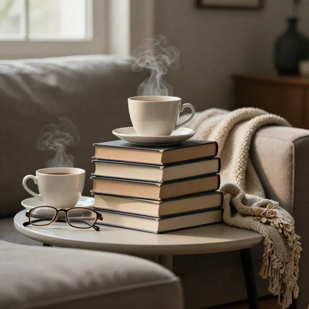 Steam rises from a coffee beside stacked books, glasses and a rumpled throw on a side table.
