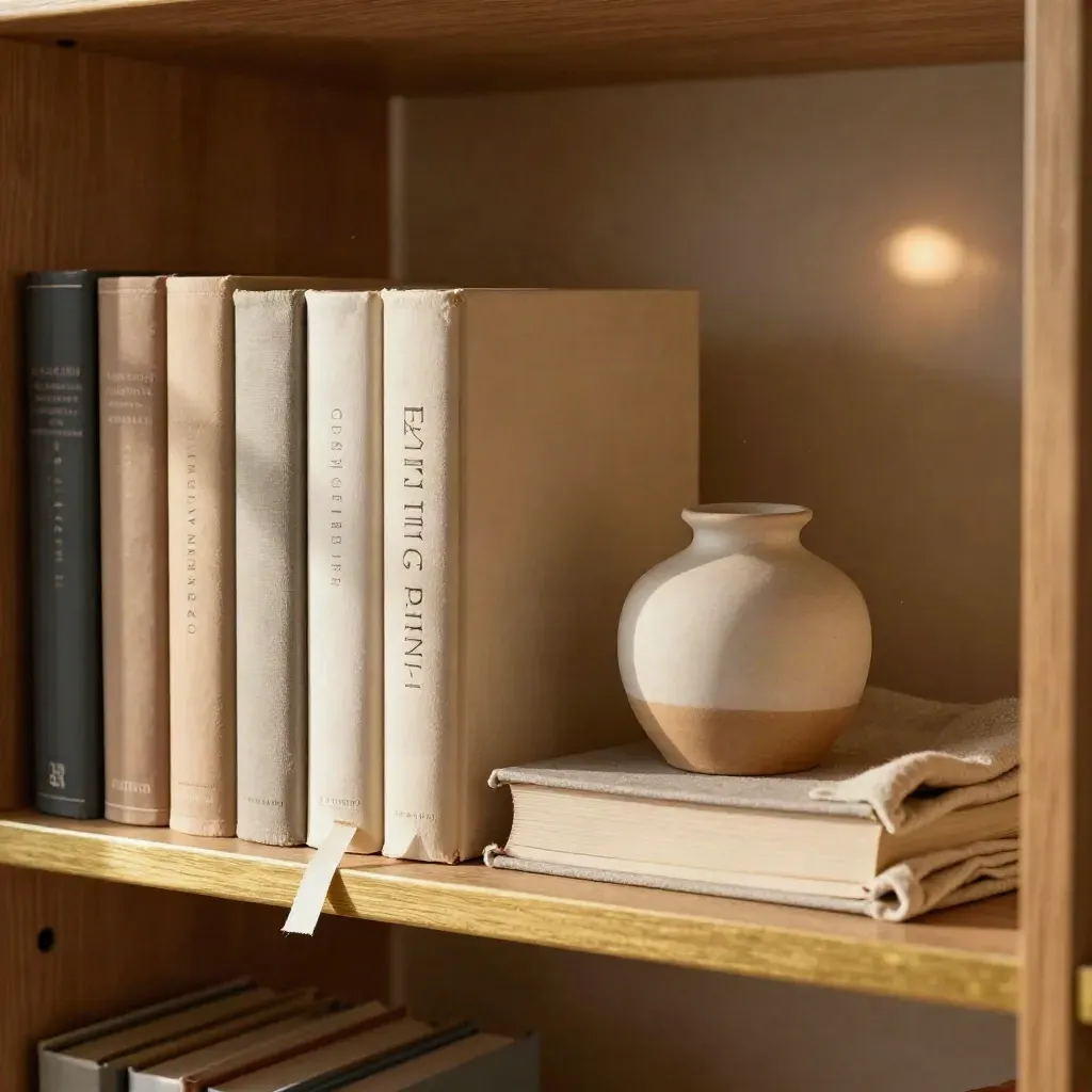 Warm shelf of books with a vase and linen cloth in a soft reading room