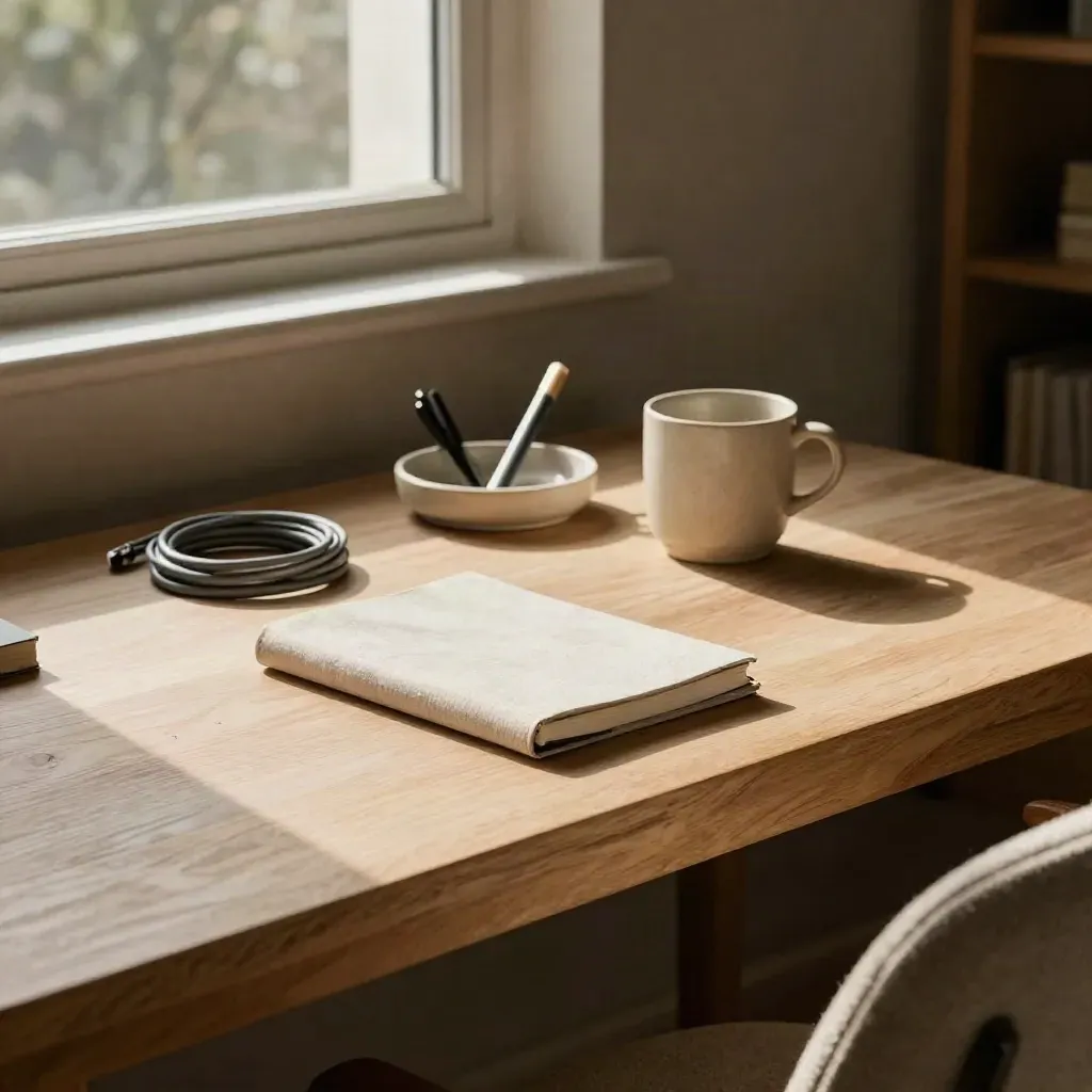 Compact home desk by a window with notebook, cable coil, tray and cup in late-day light.