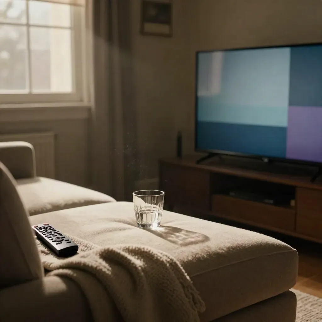 Dusky living room sofa with remote, glass, throw, and angled TV glow