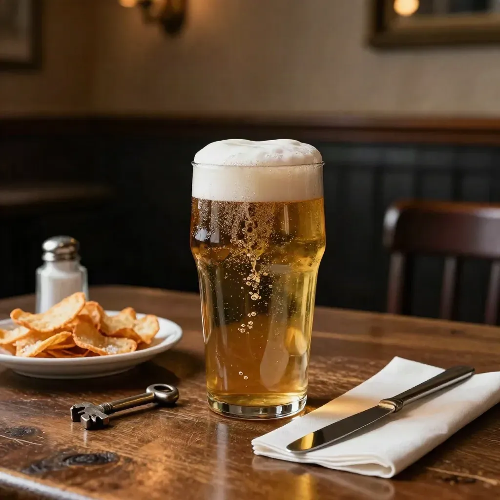 Pint of ale settling beside pub snacks, salt cellar, and folded napkin on worn wood.