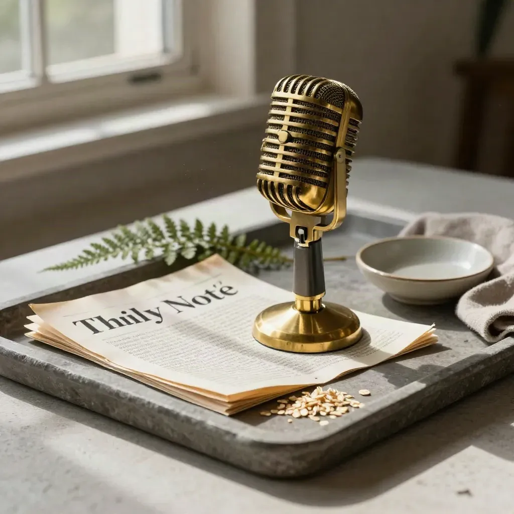Brass newsroom microphone with folded papers, fern and ceramic dish on a stone tray.