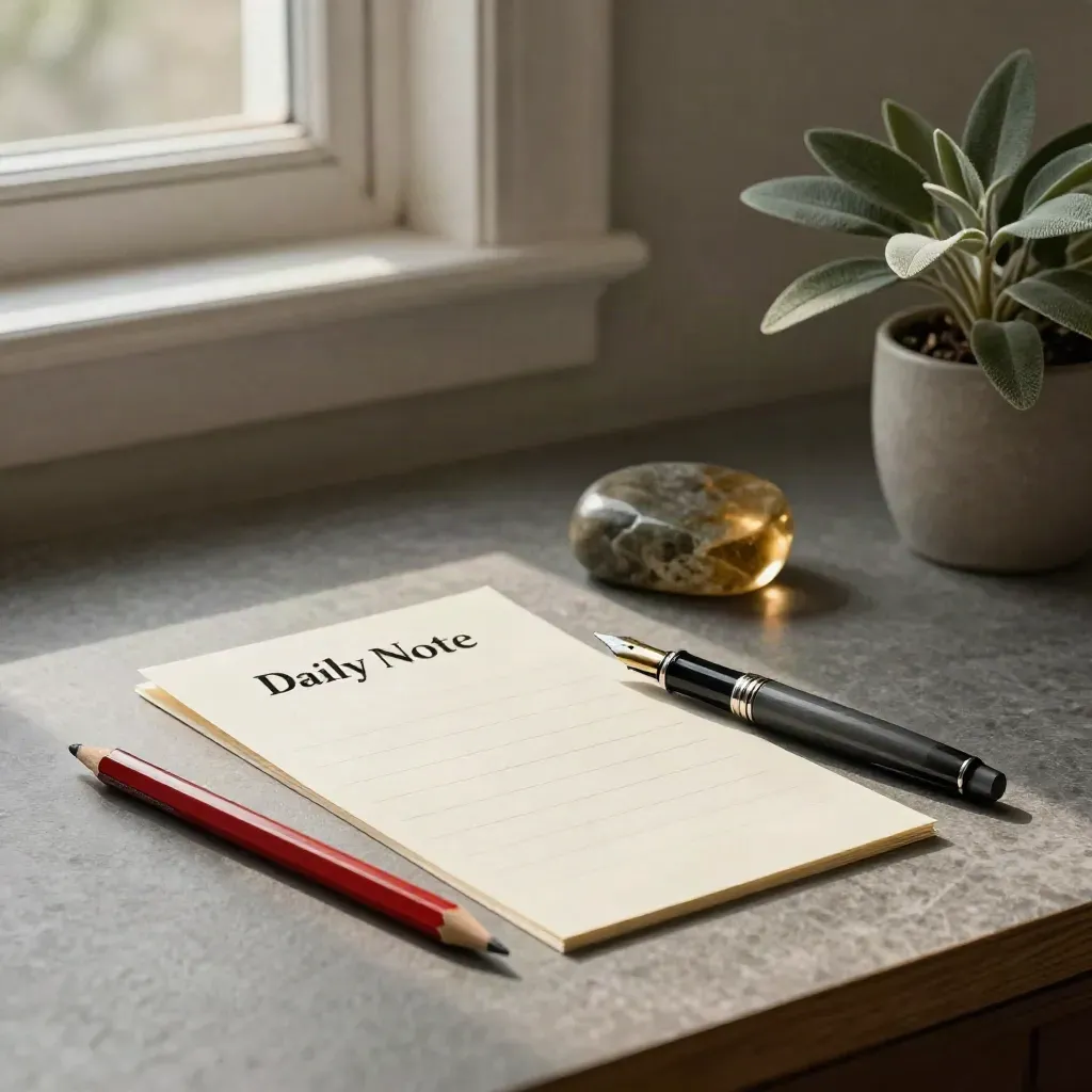 Red pencil, fountain pen, memo cards, stone paperweight and plant on a slate desk.