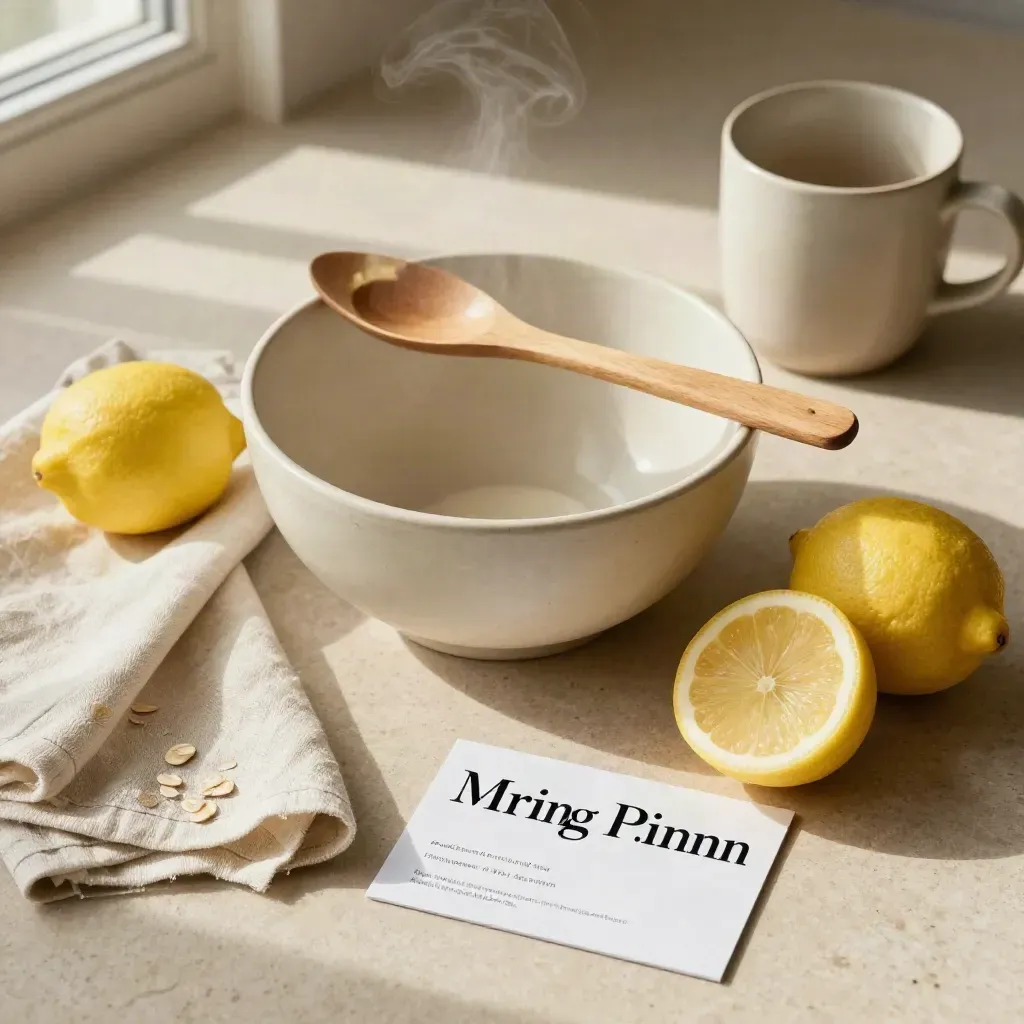Overhead flatlay of stoneware bowl, lemons, linen napkin, spoon and mug on warm limestone.