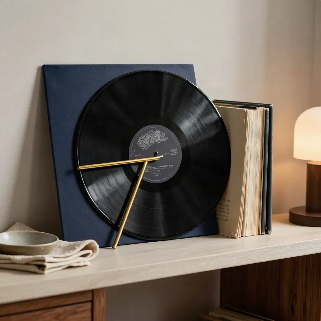 Vinyl record, brass bookmark and art books on a side shelf in dim lamplight.