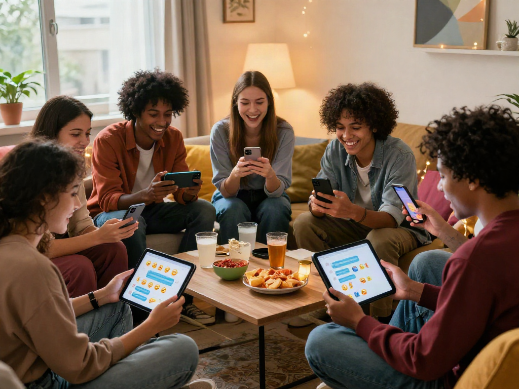 Friends enjoying a lively spicychat conversation with smartphones in a cozy setting.